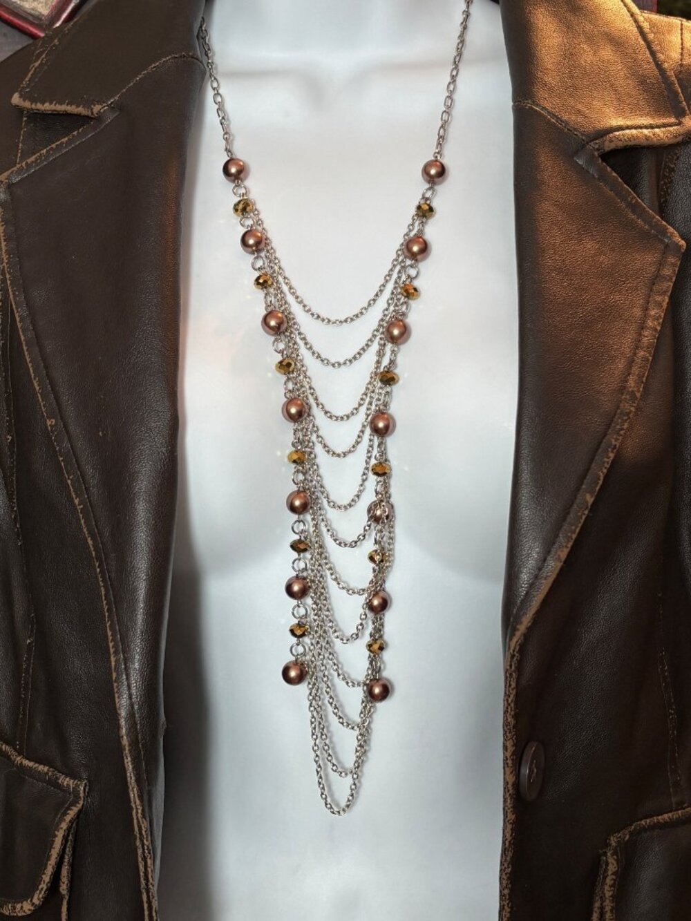 Layered Chain Necklace With Bronze Beads & Gold Faceted Accents Lobster Clasp Cl